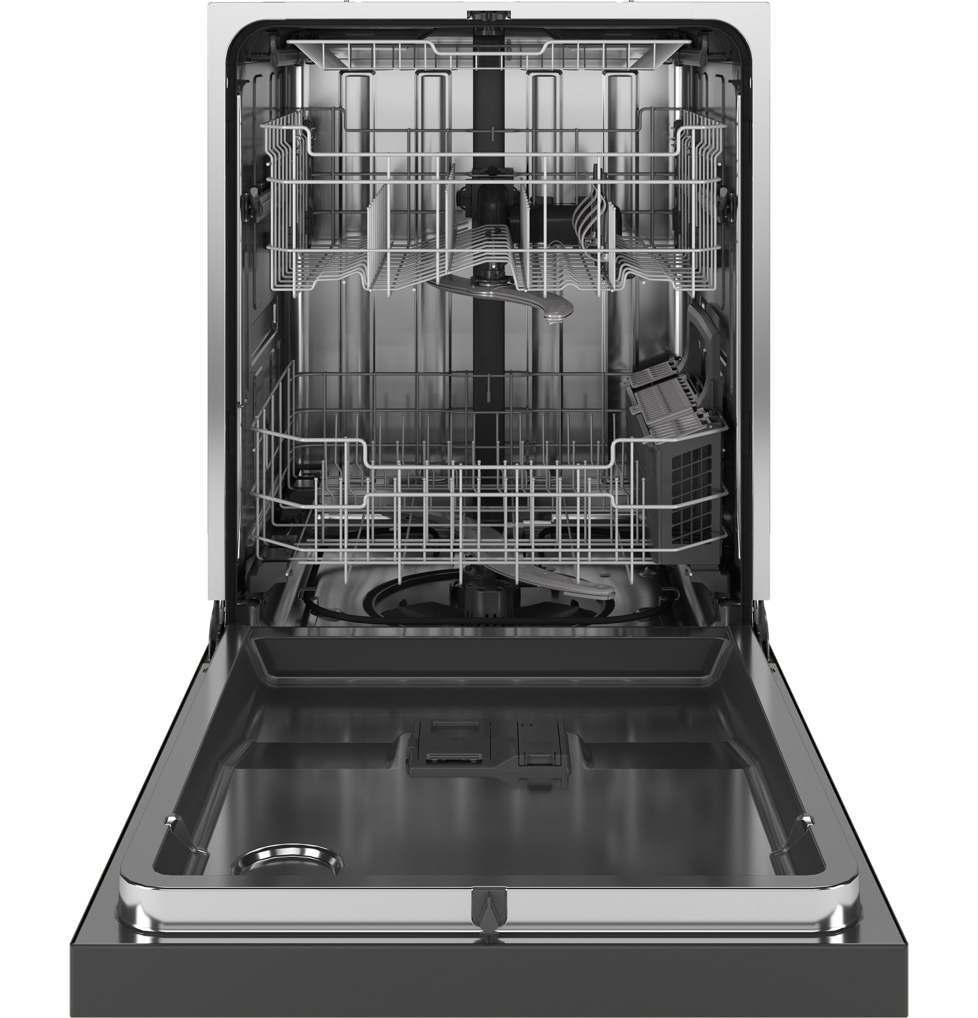 Open stainless steel interior dishwasher with adjustable racks and utensil basket in dishwashers and kitchen appliances collections