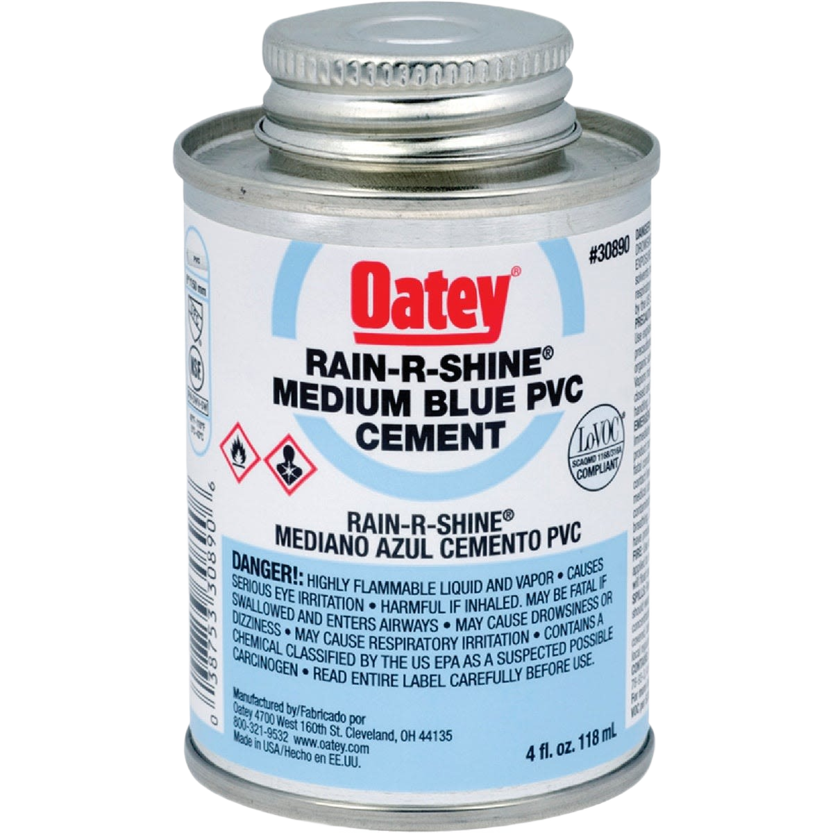 Small metal can of medium blue PVC cement for plumbing repairs in wet conditions and home improvement tools collections