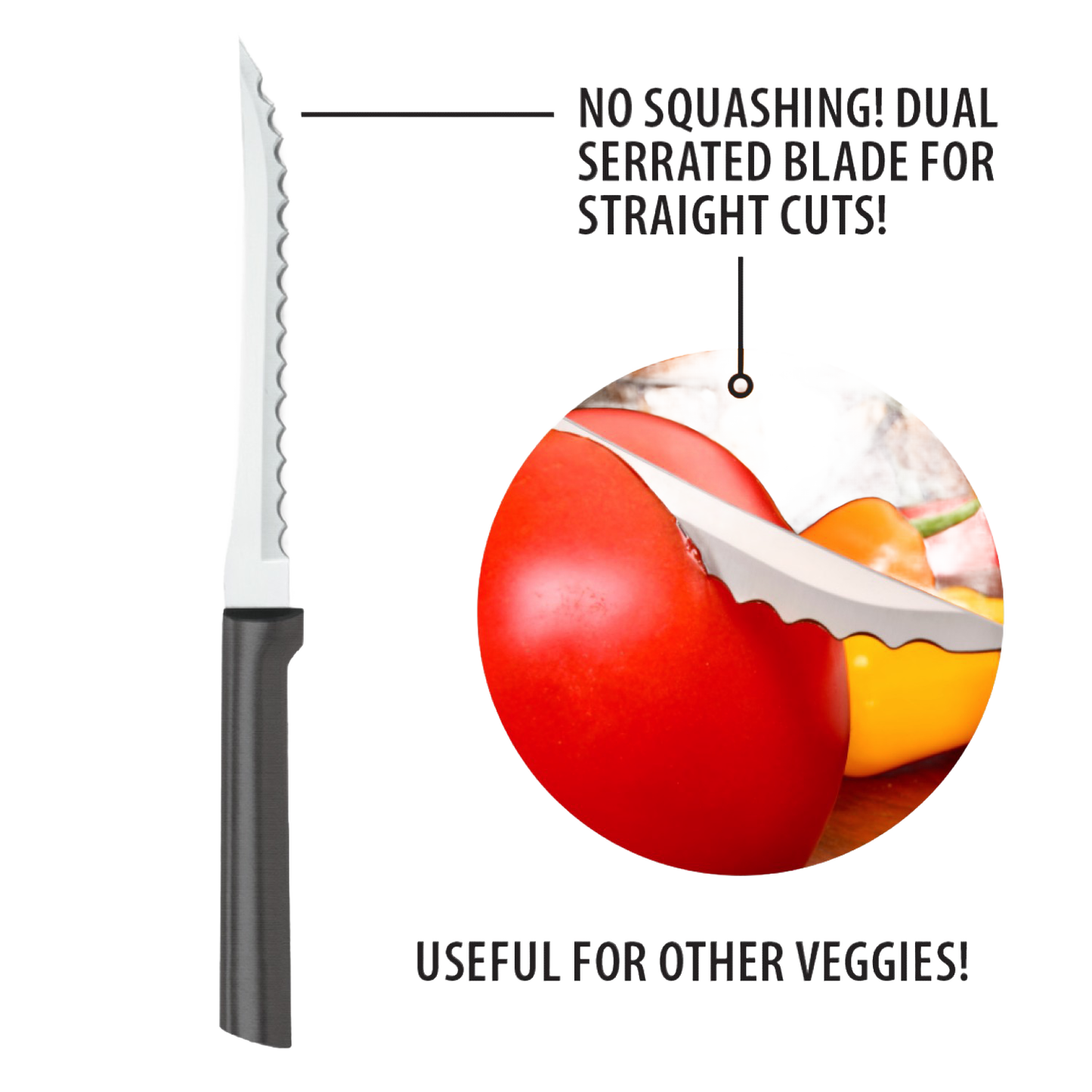 Dual serrated blade tomato slicer with solid aluminum handle cutting fresh tomato and bell pepper in kitchen utensils under $50 collection