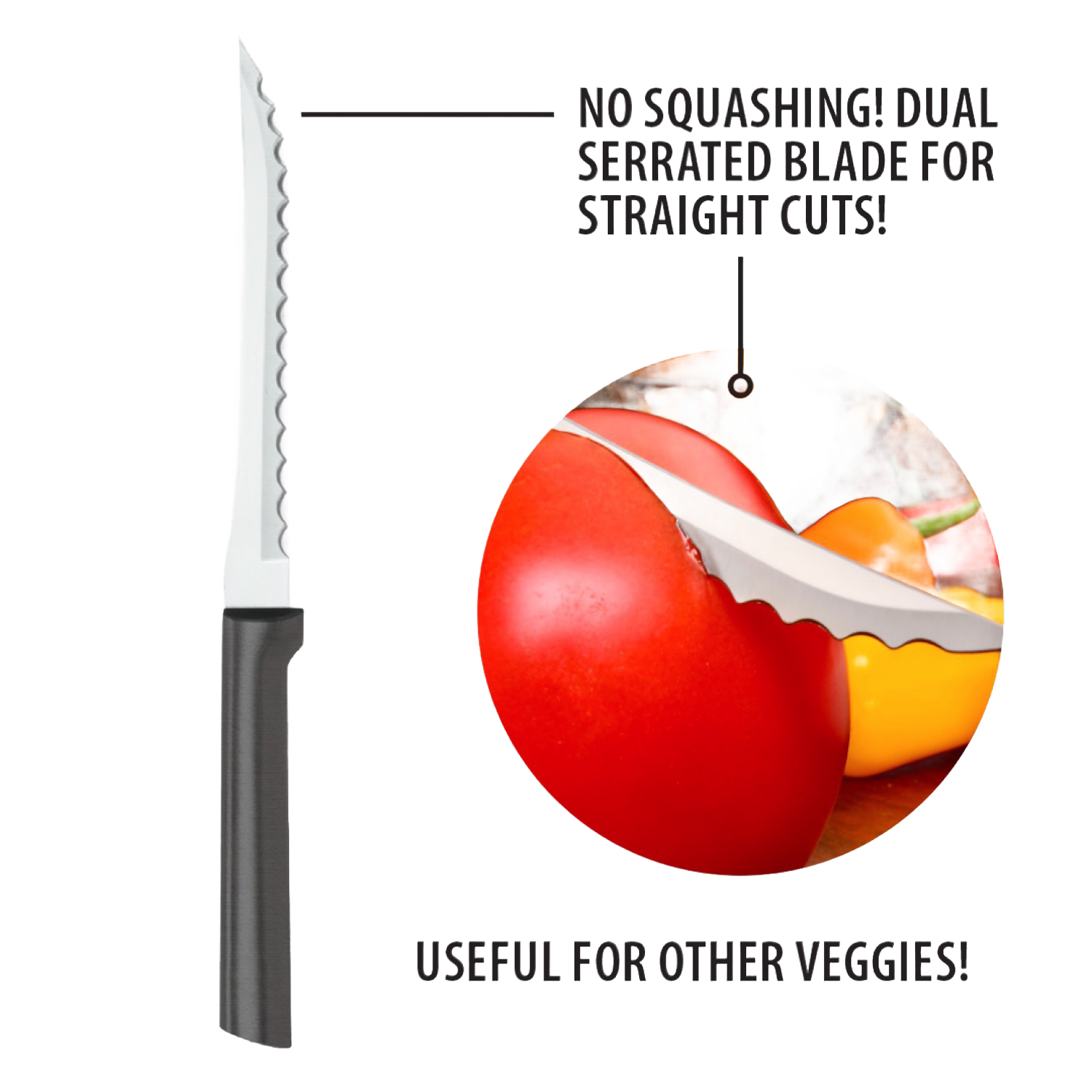 Dual serrated blade tomato slicer with solid aluminum handle cutting fresh tomato and bell pepper in kitchen utensils under $50 collection