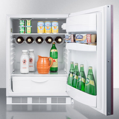 Open built-in refrigerator with left-hand door showing beverages, wine rack, and clear crisper drawer in kitchen appliances collection