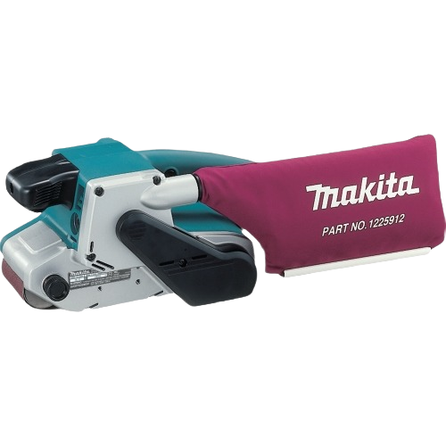 Corded belt sander with teal body and maroon dust collection bag for woodworking and home improvement tasks