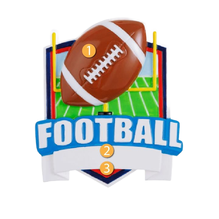 Football shield ornament with goalpost and field design, customizable name area, from Christmas Ornaments & Tree Decorations collection