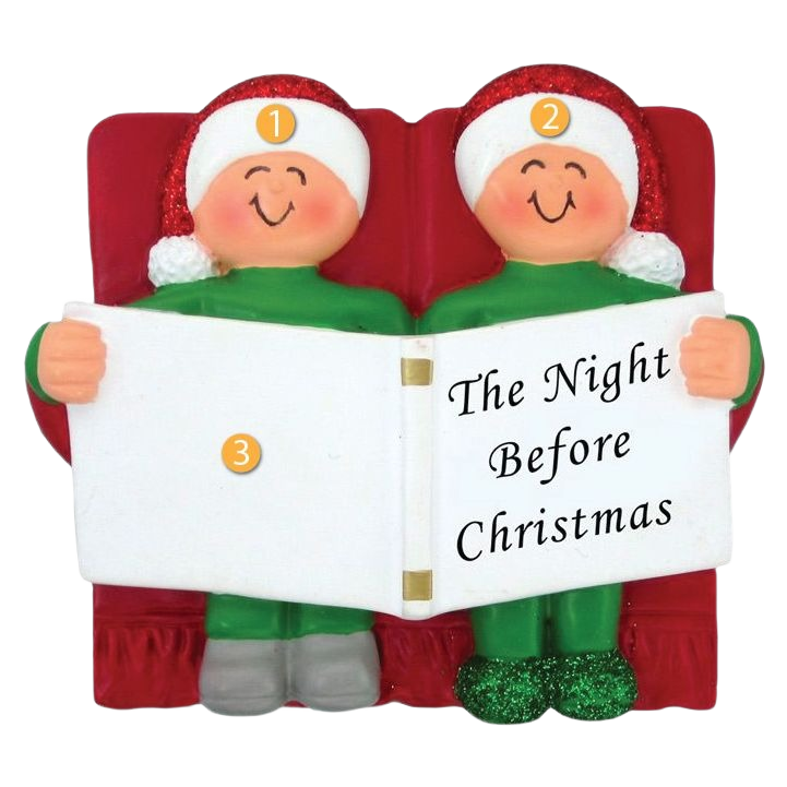 Two smiling figures in festive hats reading The Night Before Christmas book holiday ornament