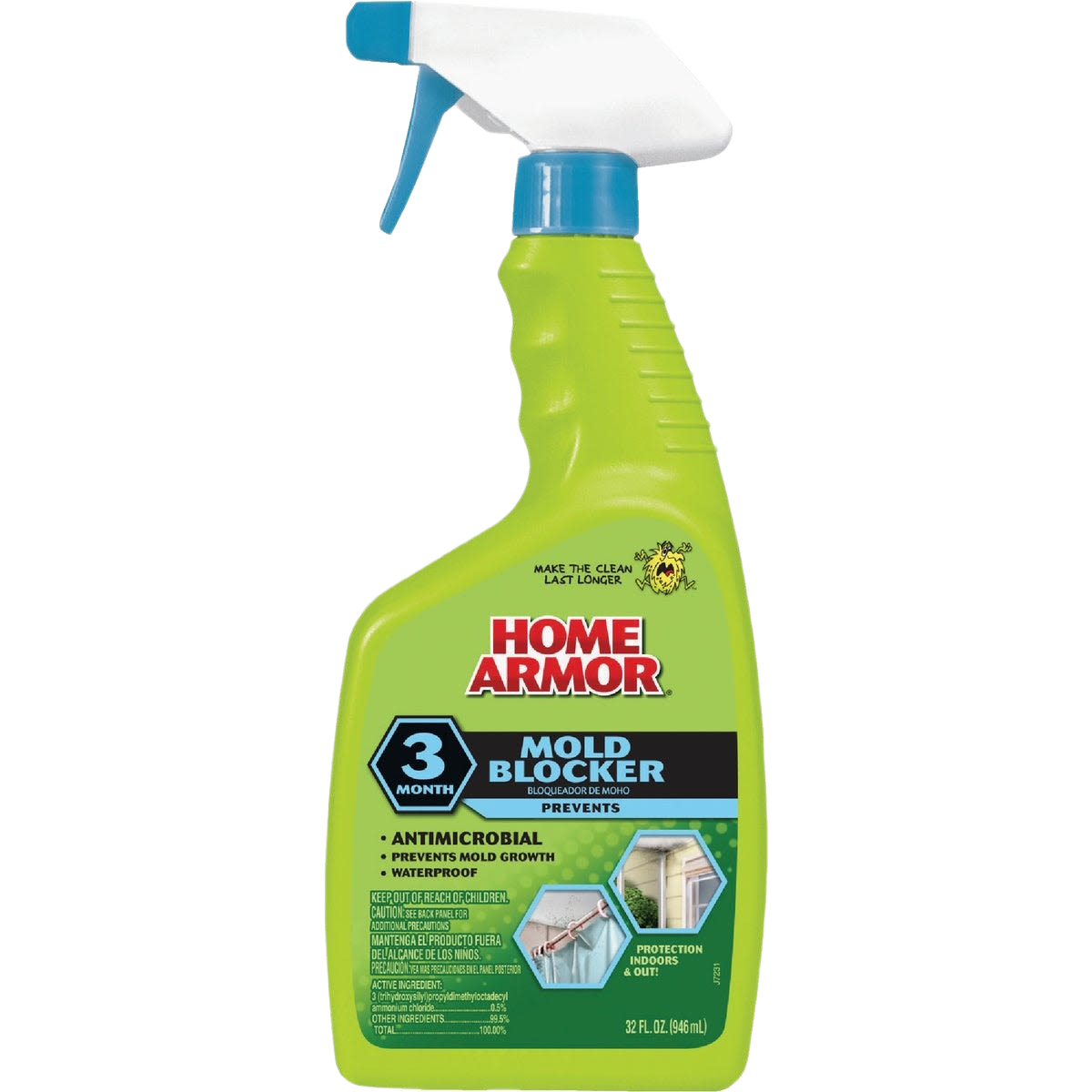 Green spray bottle of Home Armor mold blocker with antimicrobial formula for mildew prevention in cleaning supplies and home improvement