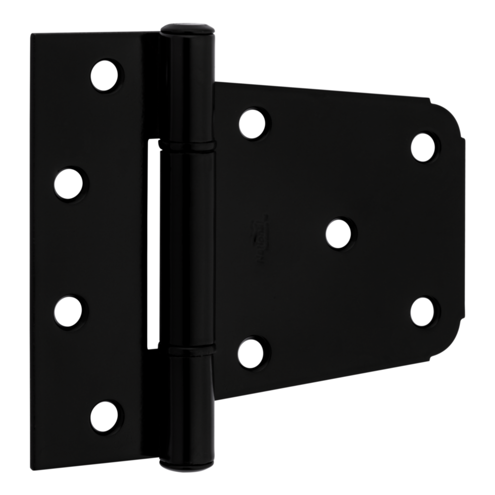 Black heavy-duty gate hinge made of metal with multiple screw holes for durable door and gate installation