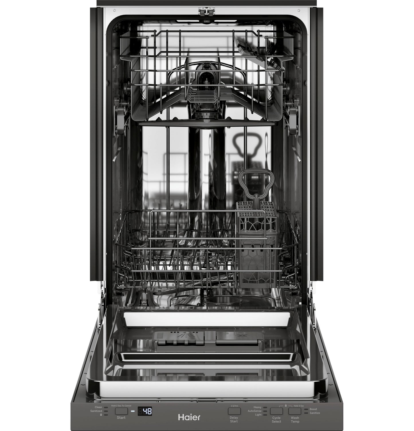 Open built-in dishwasher with stainless steel interior and adjustable racks from modern kitchen appliances collection