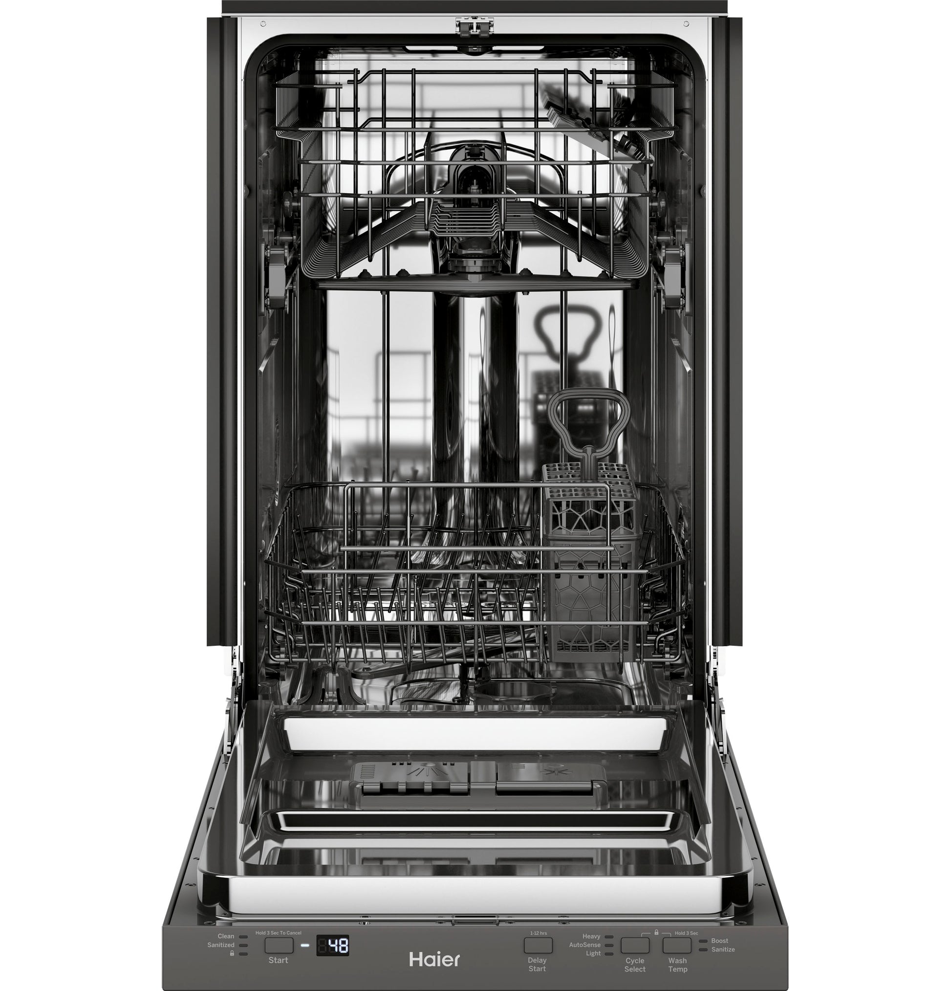 Open built-in dishwasher with stainless steel interior and adjustable racks from modern kitchen appliances collection