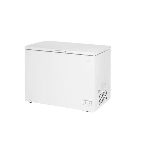 white chest freezer with up-front temperature control and power indicator light for kitchen appliances and home improvement