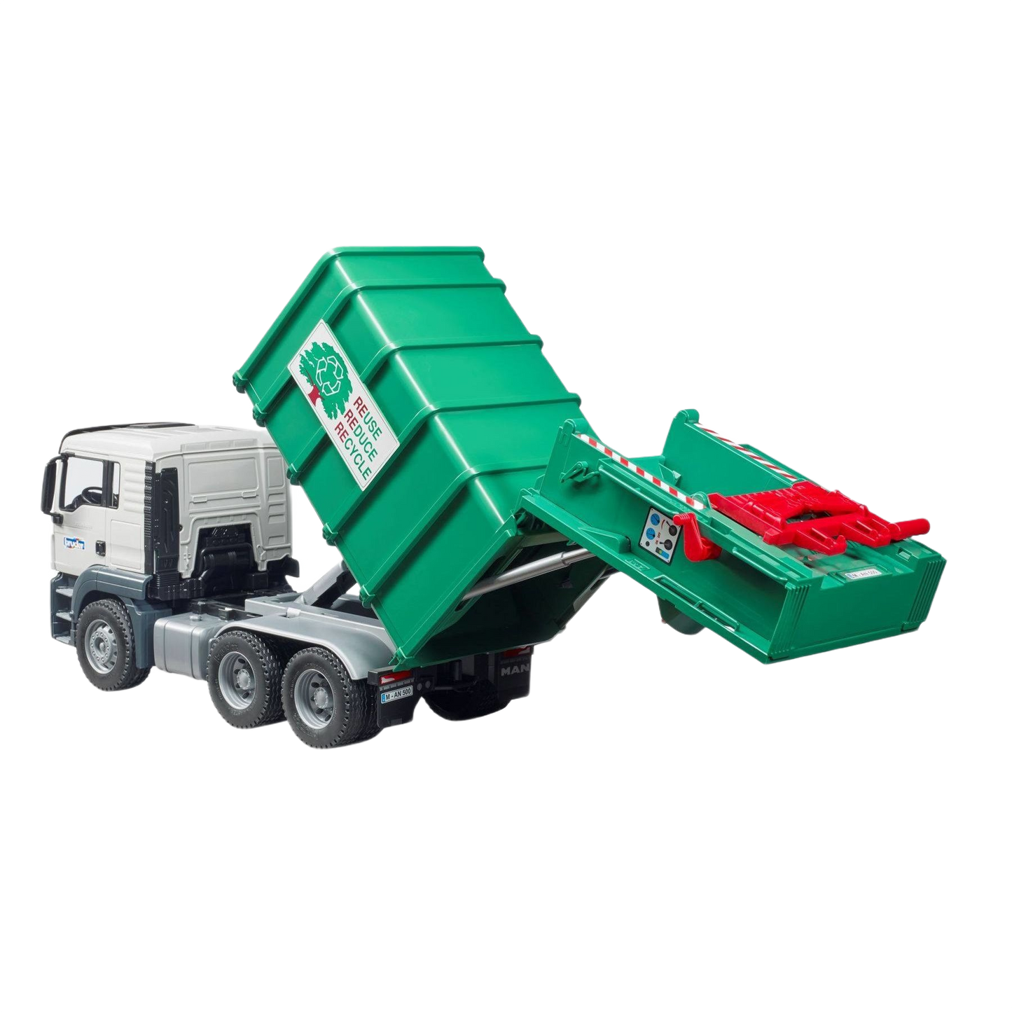 Toy rear-loading truck with detailed green recycling container, part of Bruder Toys in Vehicles & Remote Controlled Toys collection