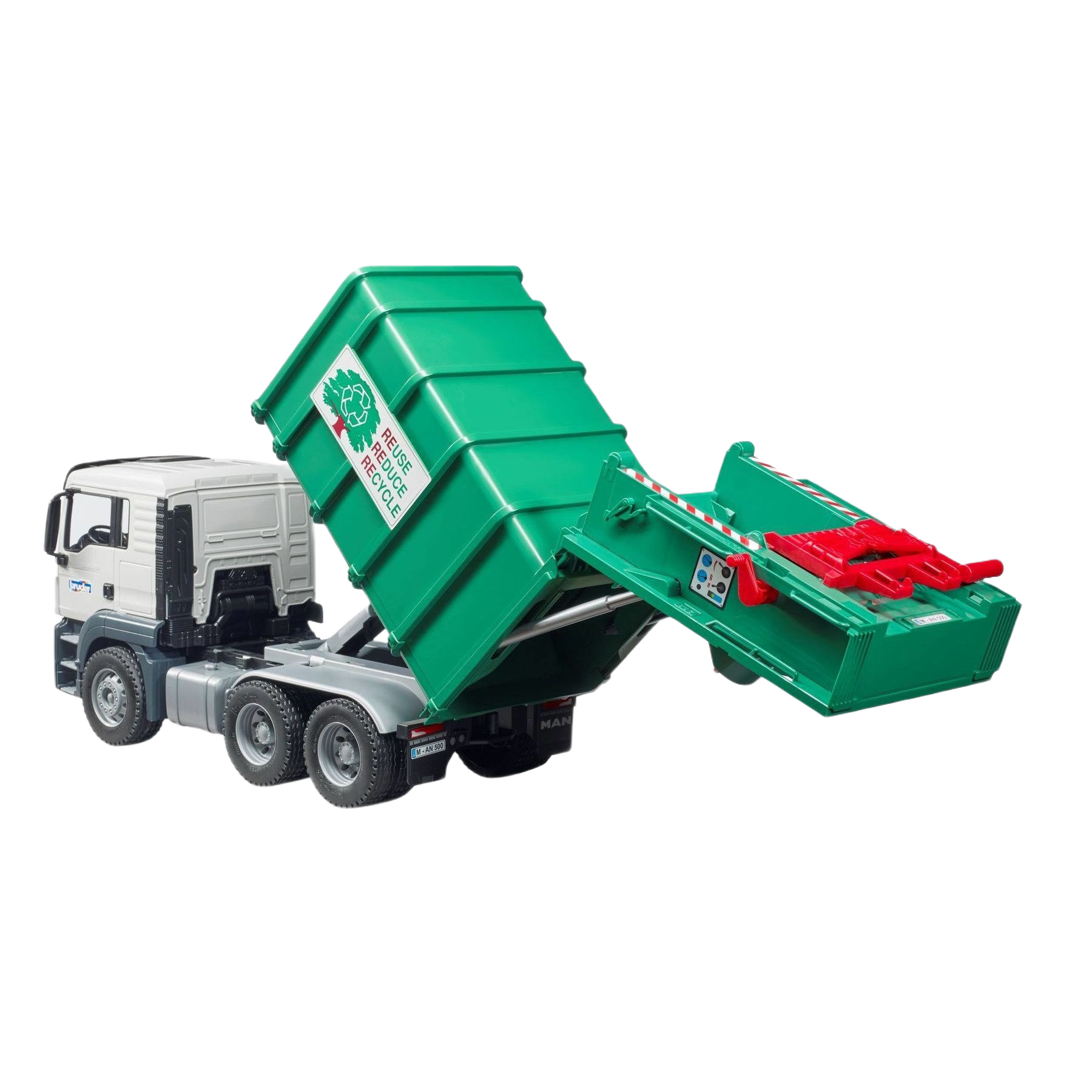 Toy rear-loading truck with detailed green recycling container, part of Bruder Toys in Vehicles & Remote Controlled Toys collection