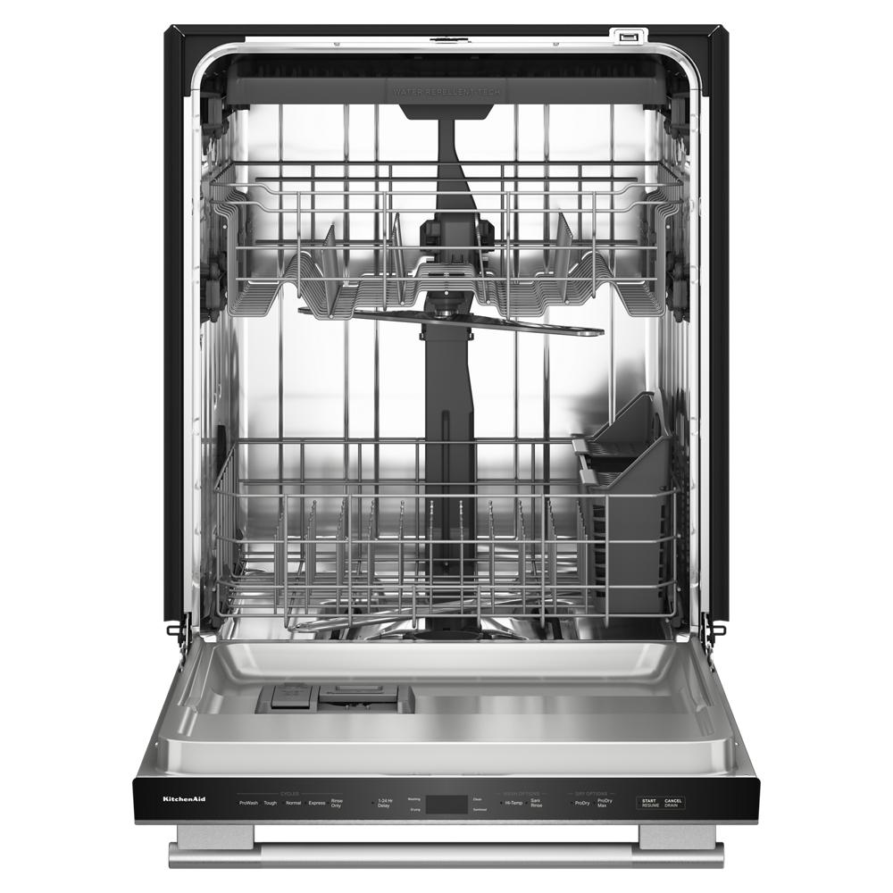 Open stainless steel dishwasher interior focusing on third level utensil rack and multi-level wash arms in kitchen appliances setting