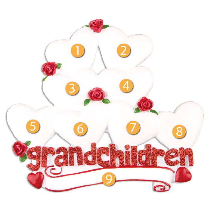 White heart-shaped ornament with red roses and glittery red "grandchildren" text from Christmas decorations collection