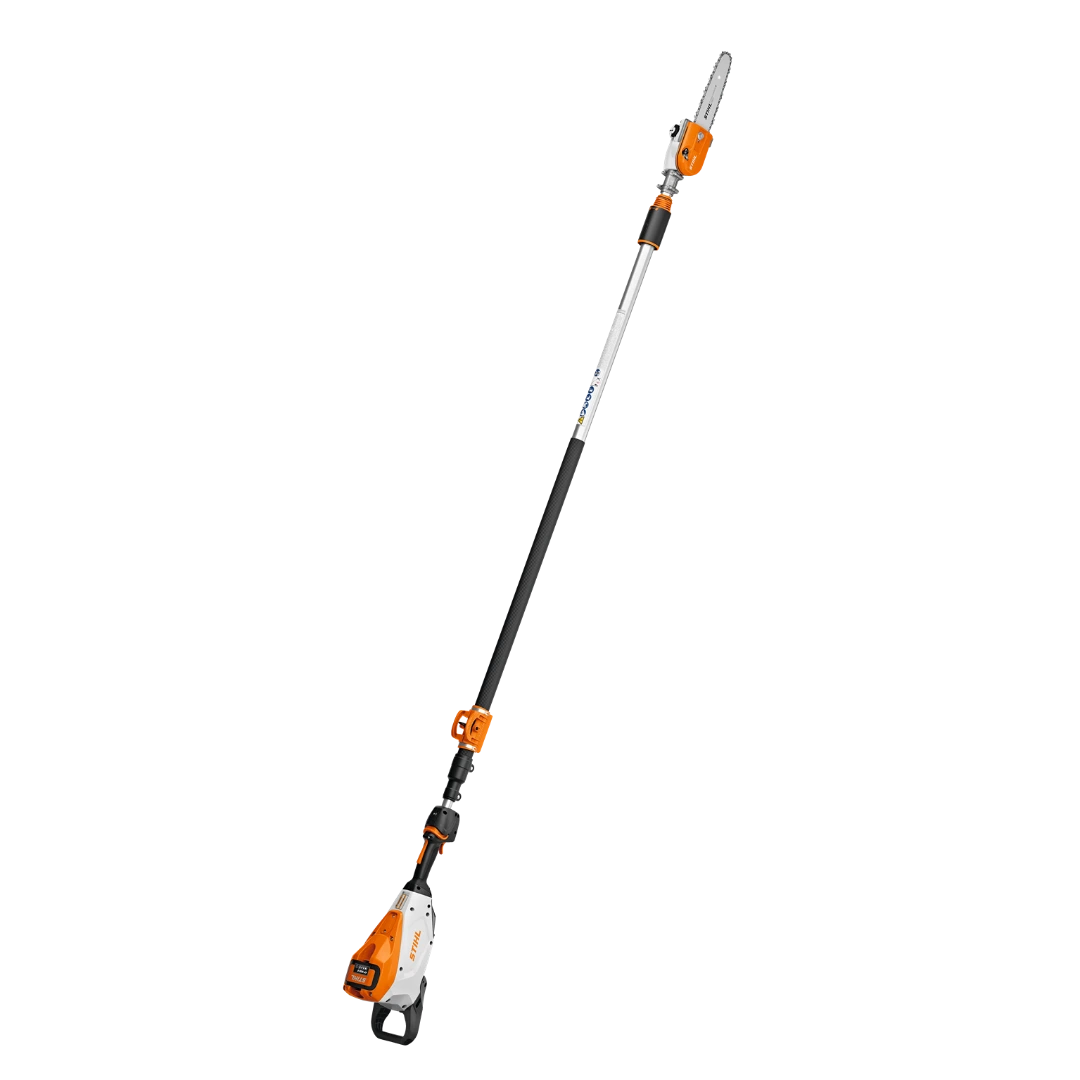 Long battery-powered pole pruner with adjustable shaft and cutting head for efficient home improvement trimming tasks