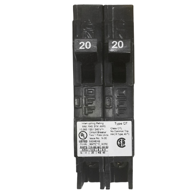 Black dual 20-amp plug-in circuit breaker with molded case, labeled for electrical and home improvement use collections