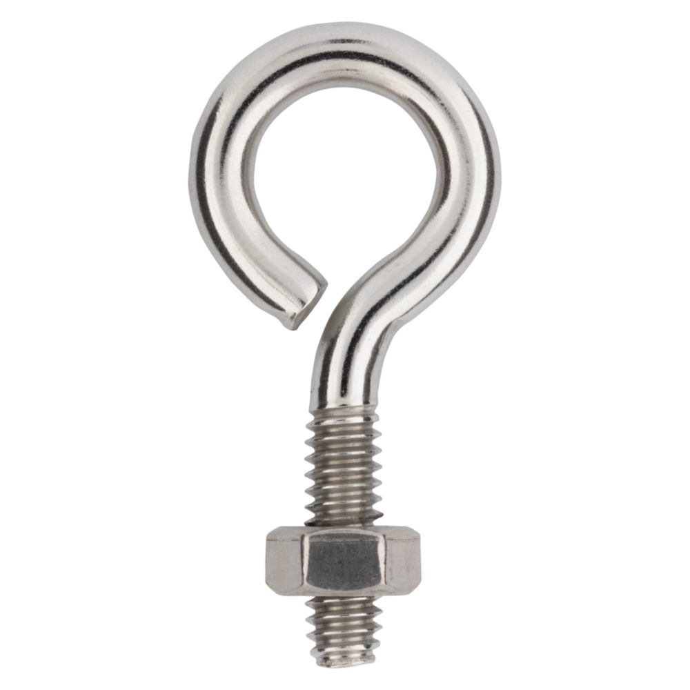 Stainless steel eye bolt with threaded shaft and hex nut for fastening in hardware and home improvement projects