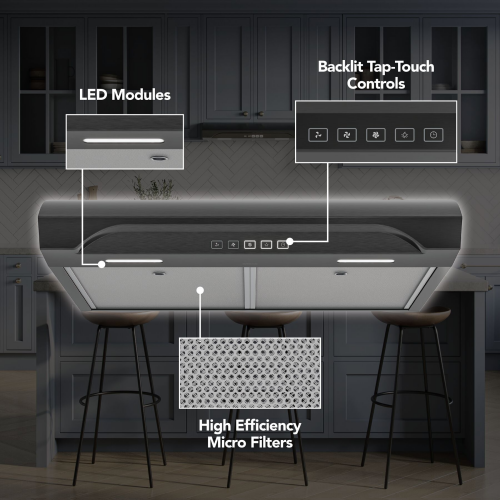 Modern black under cabinet range hood with LED lighting, touch controls, and high-efficiency micro filters in kitchen setting