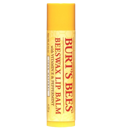 Yellow capped tube of Burt’s Bees beeswax lip balm with vitamin E in Health & Beauty collections under $25