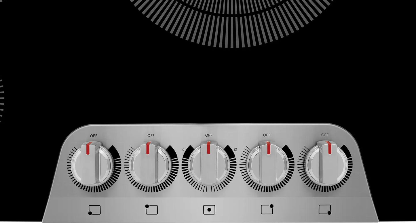 Control panel of 36-inch electric cooktop with five front-mounted silver knobs and black markings from cooktops collection