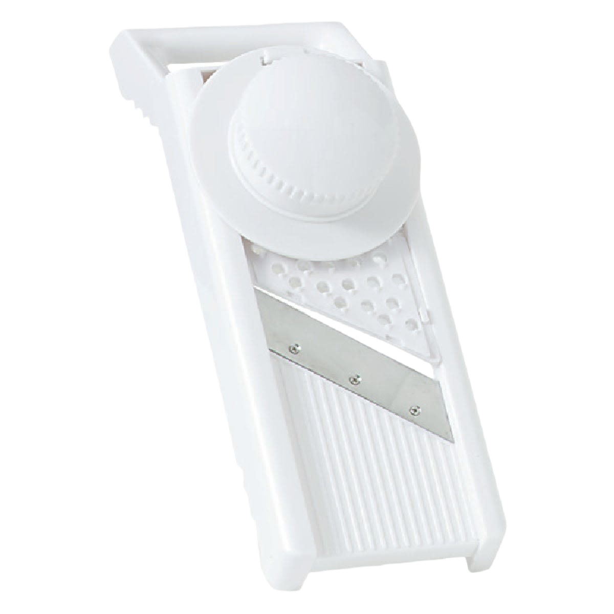 White plastic mandoline slicer with adjustable knob and stainless steel blades for versatile kitchen gadget use under $50 collections