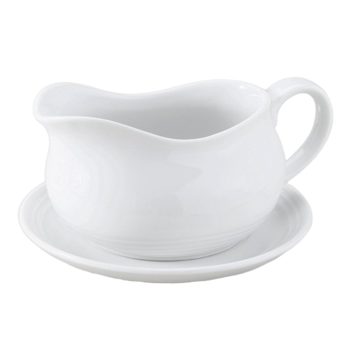 White porcelain gravy sauce boat with handle and matching saucer for kitchenware and dining use under $50 collection