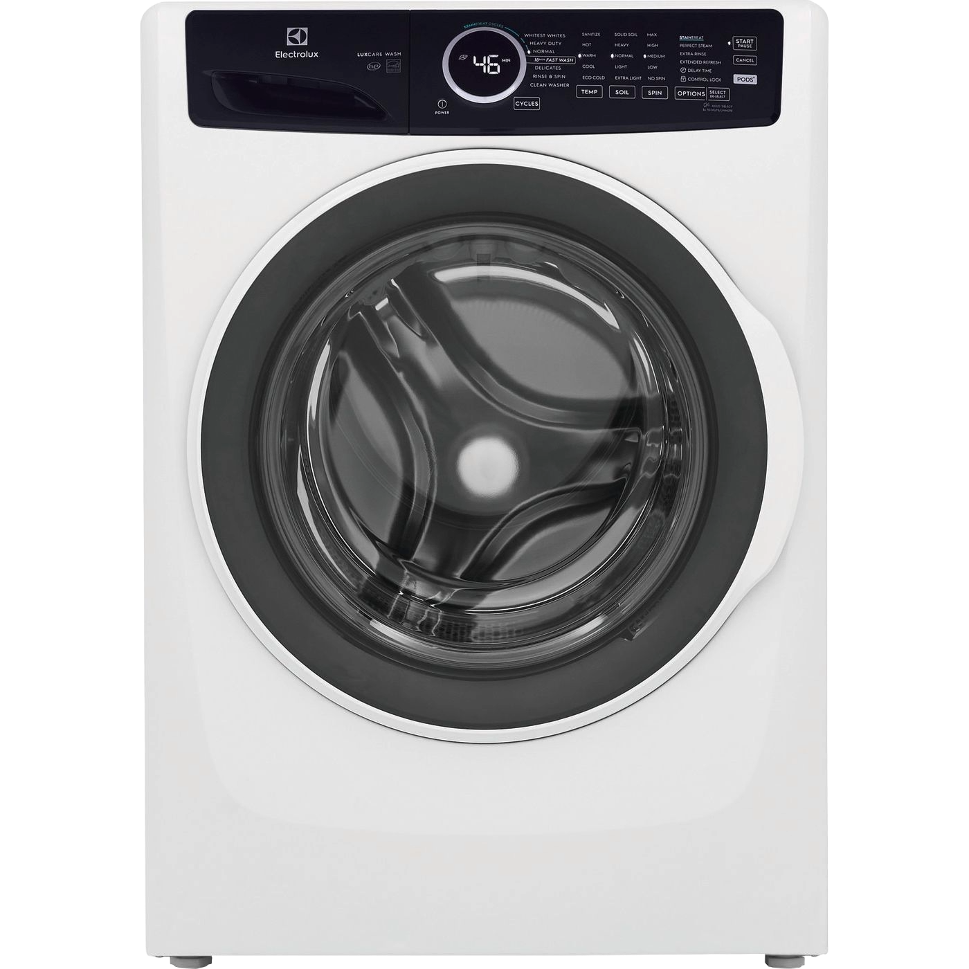 White front load washer with digital display and control panel, part of front load washers in home appliances collection