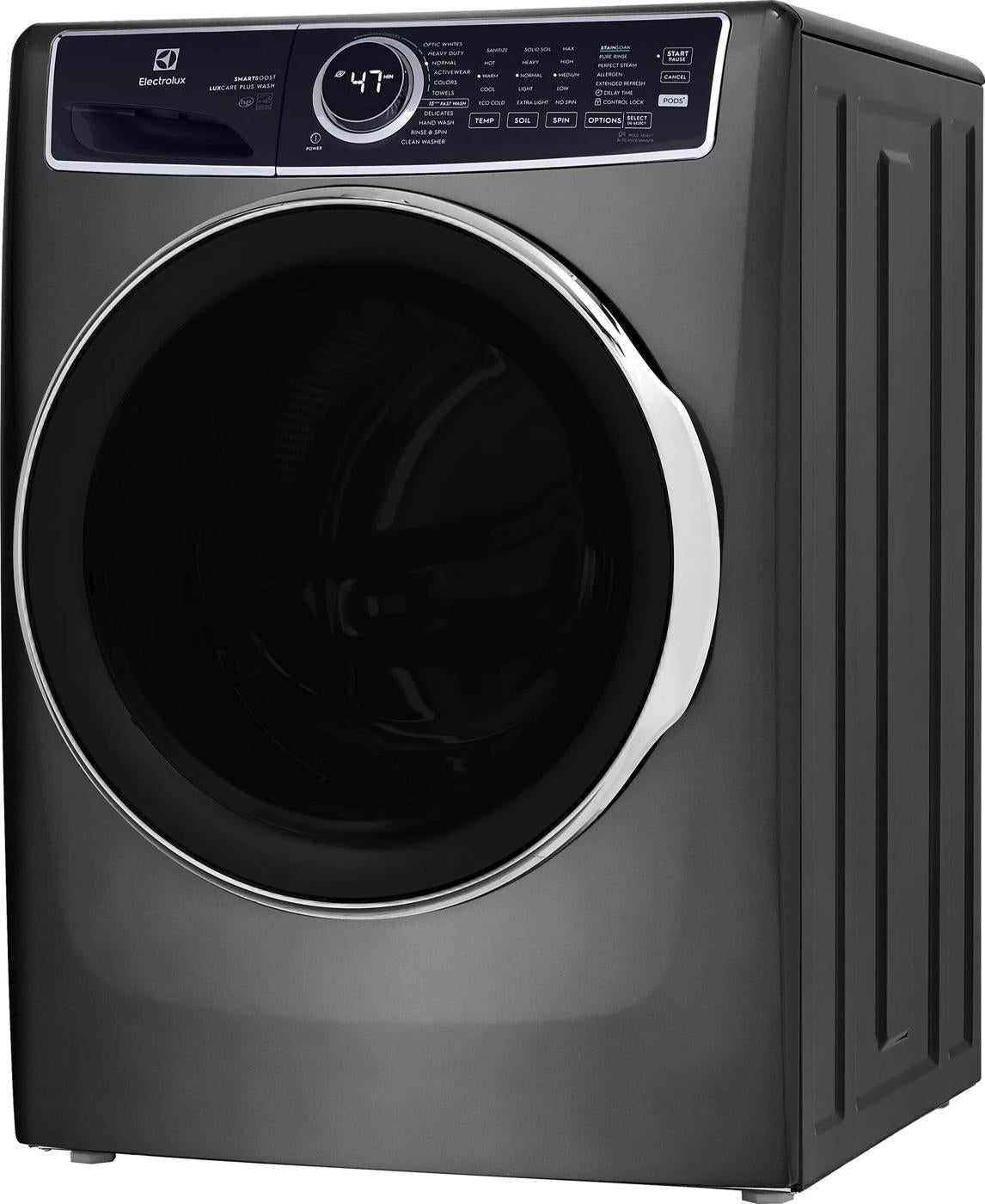 Dark gray front load washer with digital control panel and circular door from front load washers collection