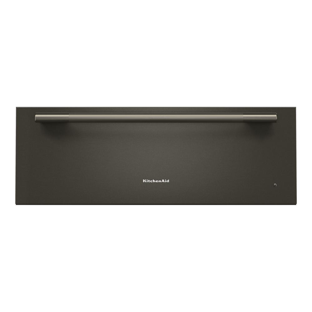 Front view of a dark stainless steel warming drawer with a long horizontal handle from KitchenAid Appliances collection