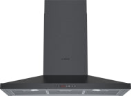 Black stainless steel wall hood with pyramid chimney design and digital control panel from Bosch range hoods collection