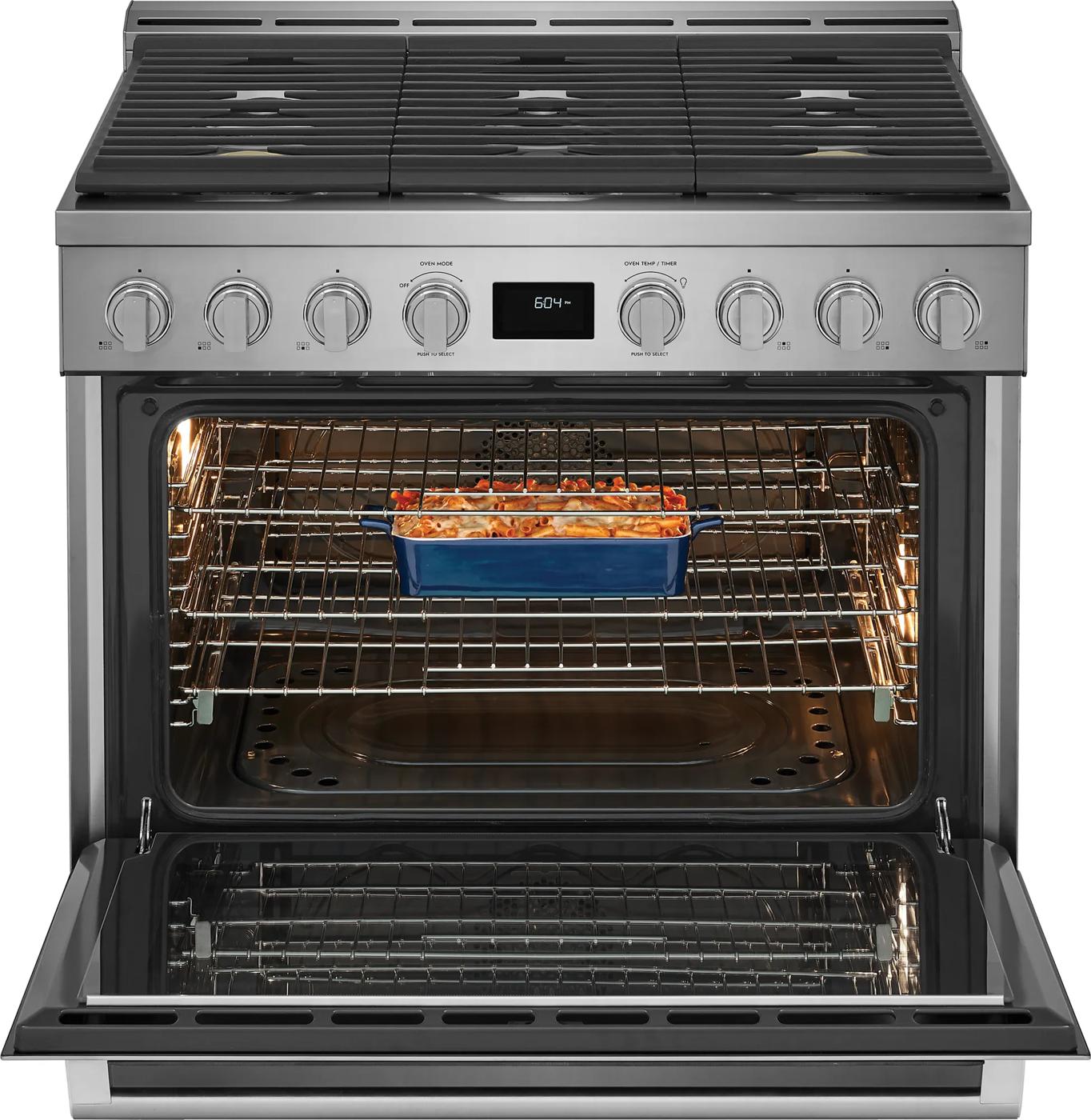 stainless steel front control freestanding gas range with six burners and oven cooking a casserole in blue dish