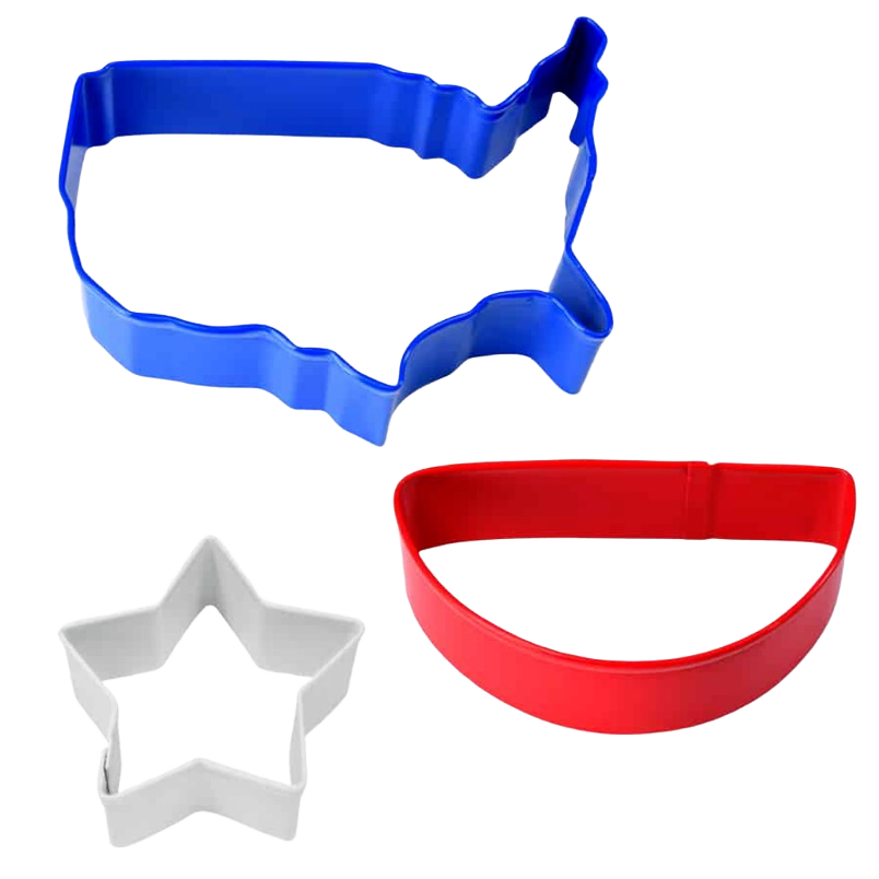 Set of red, white, and blue steel cookie cutters in star, smile, and US map shapes for kitchen gadgets collection