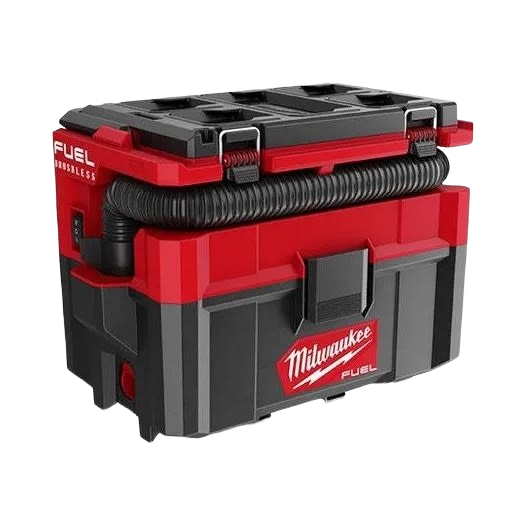 Compact red and black wet/dry vacuum with coiled hose and durable design for tools and home improvement projects