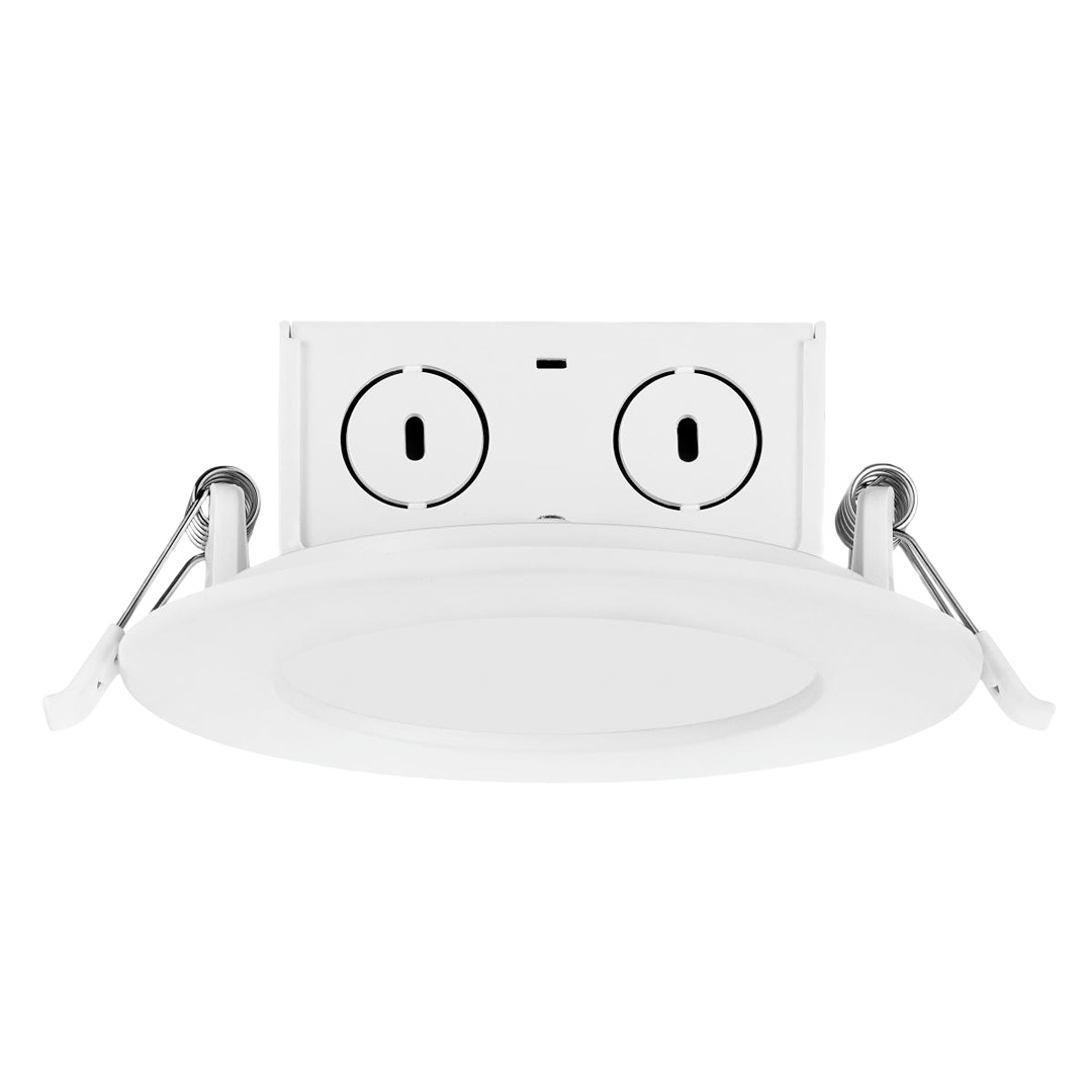 White 4-inch round LED edge-lit downlight with mounting clips for electrical and lighting projects under $50