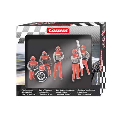 Set of five red and gray mechanic figures holding tools and equipment for race car pit crew play and display