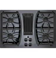 Black built-in gas downdraft cooktop with four burners and central vent for kitchen and home improvement collections