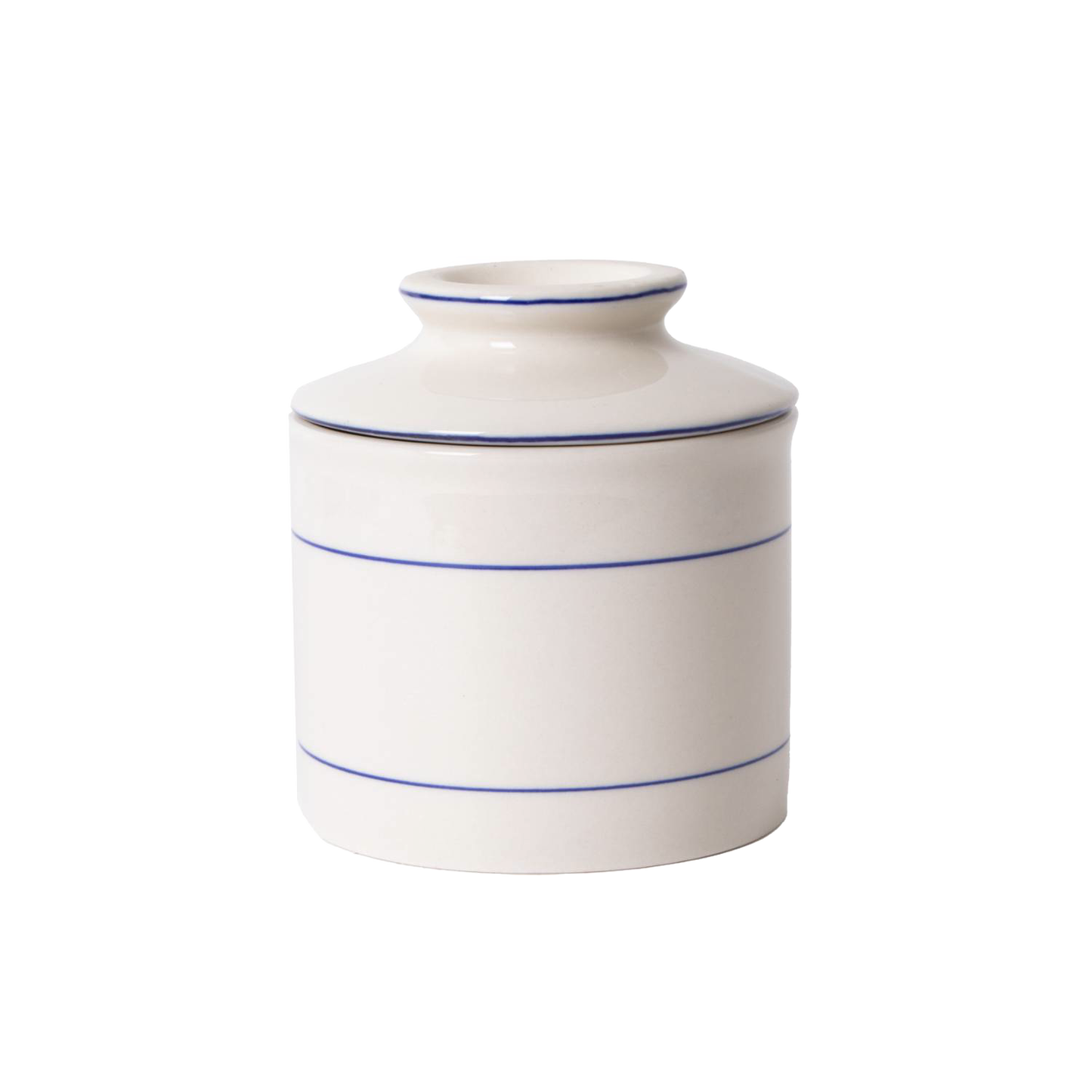 White stoneware butter keeper with blue rimmed lid and horizontal stripes for kitchenware and home use