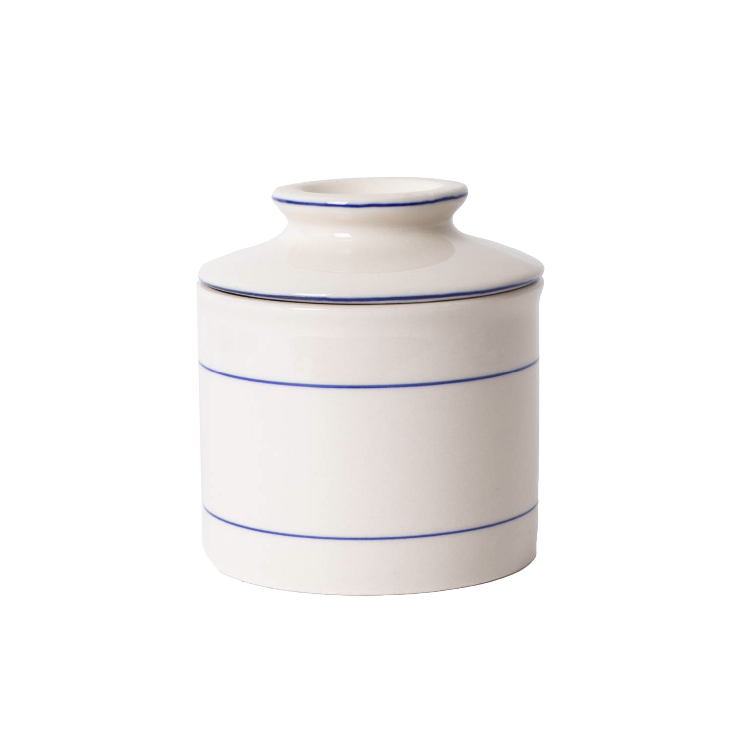 White stoneware butter keeper with blue rimmed lid and horizontal stripes for kitchenware and home use