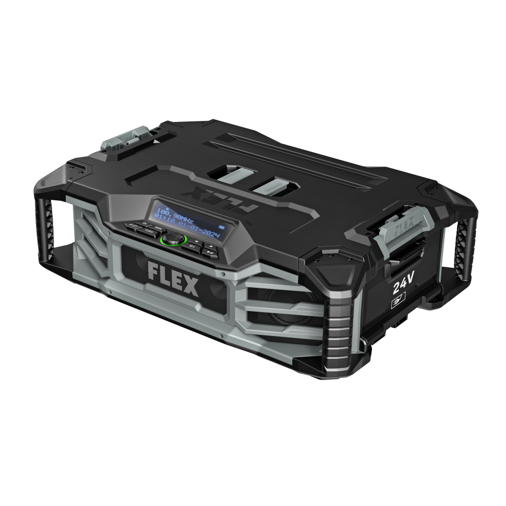 Compact black and gray cordless jobsite radio with rugged design, digital display, and multiple speakers, part of woodworking tool accessories and power tool accessories collections at Hartville Hardware.