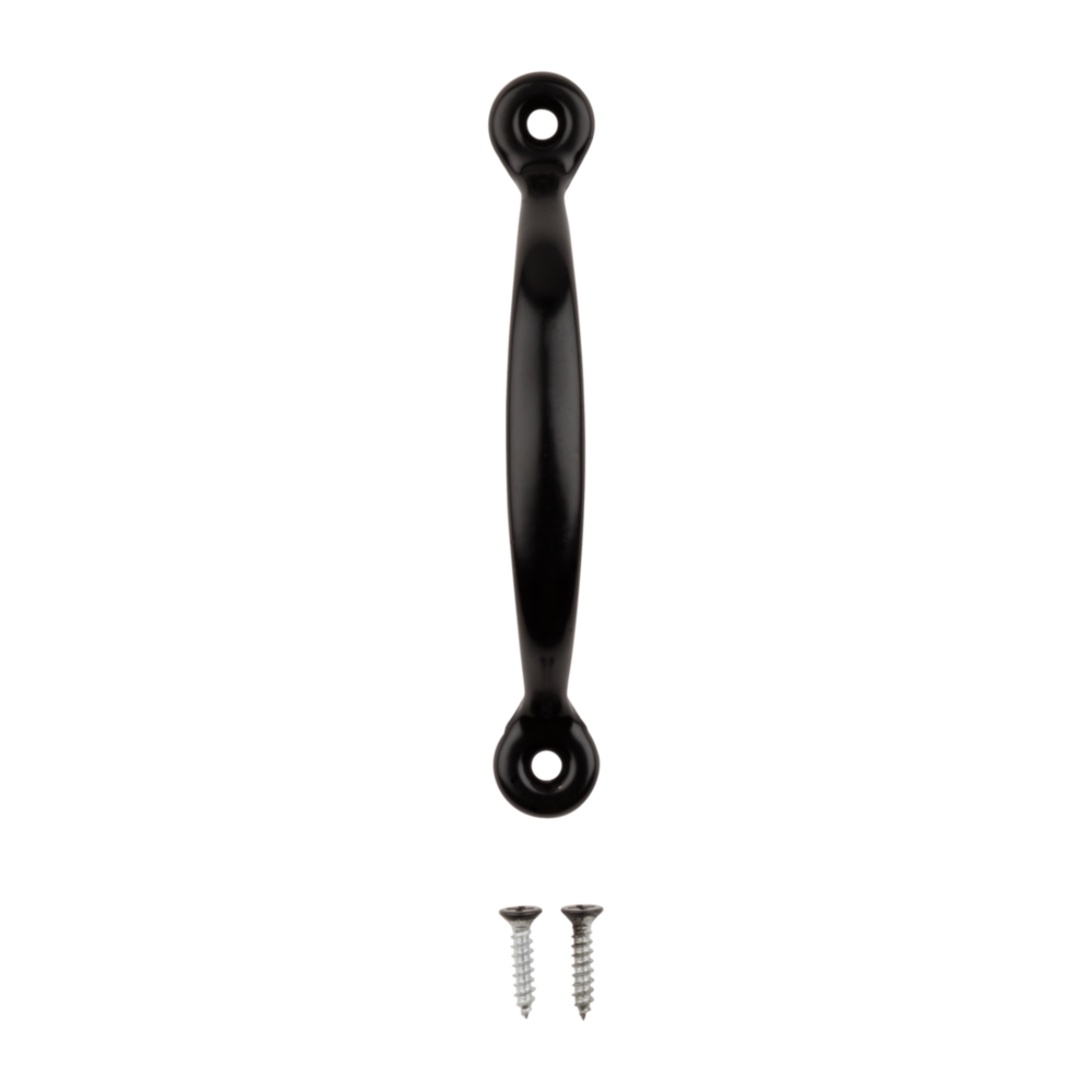 Black cold-rolled steel door pull handle with mounting screws for cabinet and furniture hardware in home improvement collections