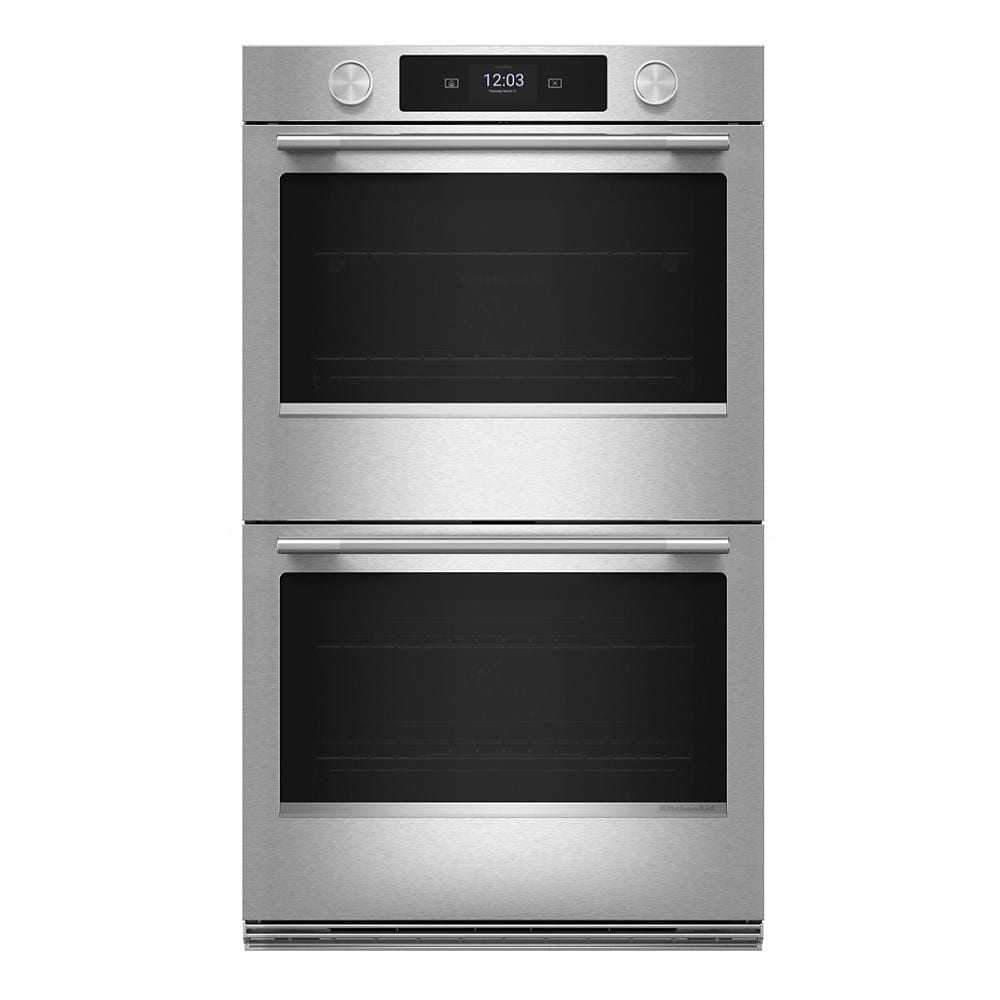 Front view of a 30-inch smart electric double wall oven with PrintShield™ finish, digital display, and stainless steel handles, part of KitchenAid appliances for home improvement and kitchenware collections.