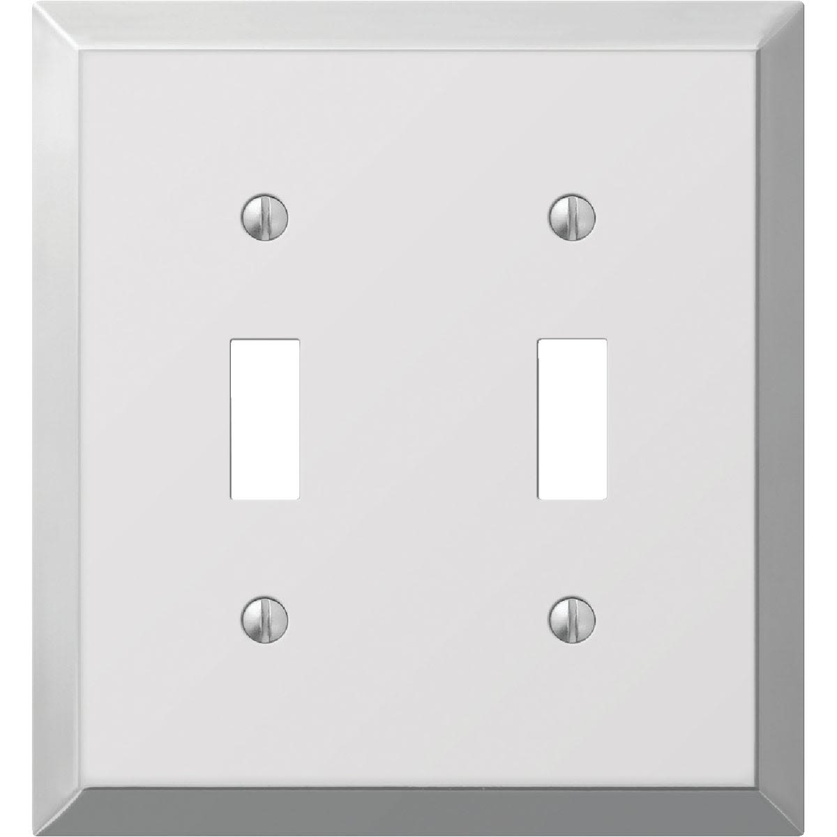 Polished chrome two-gang stamped steel toggle switch wall plate for home improvement projects