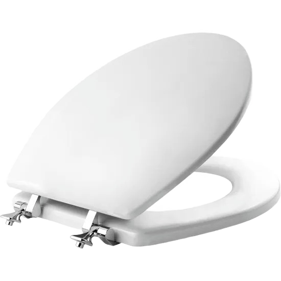 Round white toilet seat with chrome hinges designed for home improvement and bathroom upgrades