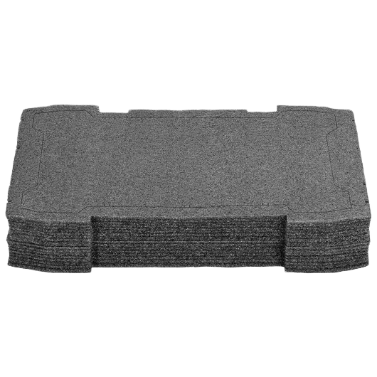Stack of gray deep foam inserts designed for tool organization and protection in home improvement sets