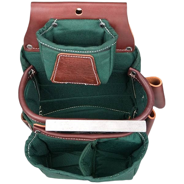 Green and brown leather and fabric fastener bag with multiple compartments for woodworking tools and workshop organization collections