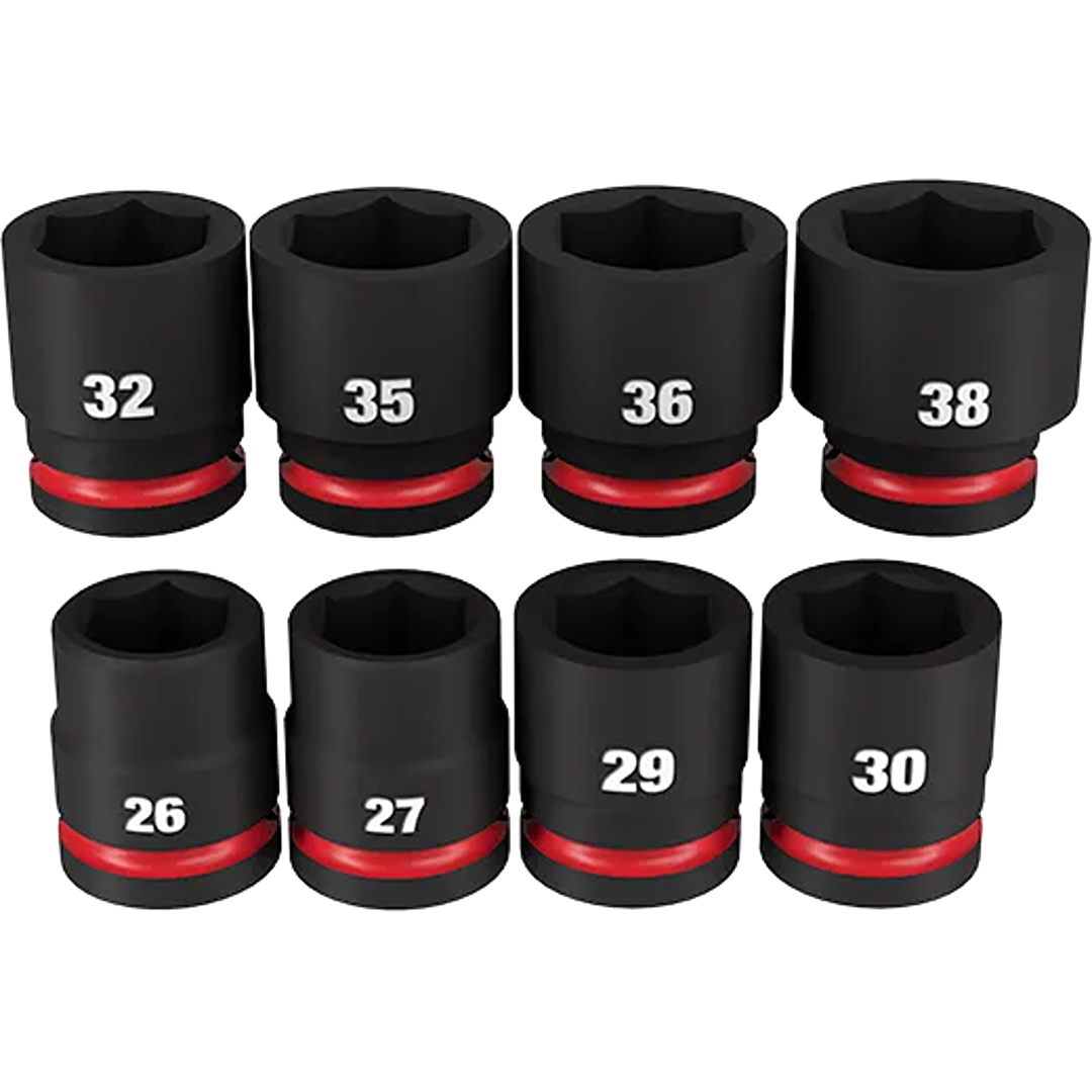 Set of eight black metric impact sockets with red accents for heavy-duty use in hand tools and woodworking collections.
