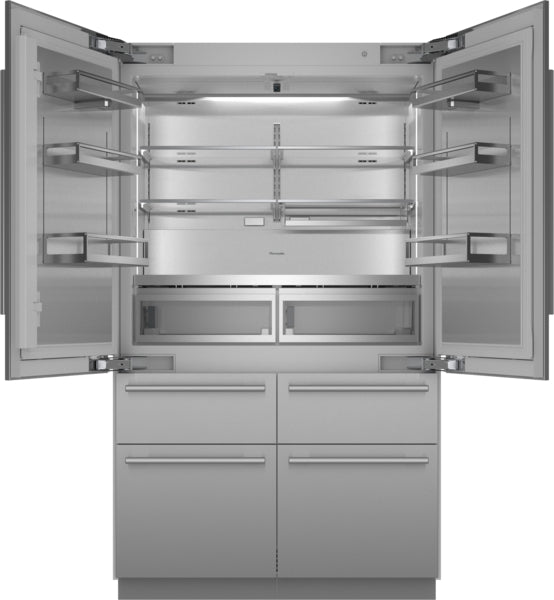 Open stainless steel French door bottom freezer refrigerator with adjustable glass shelves and clear door bins for organized storage