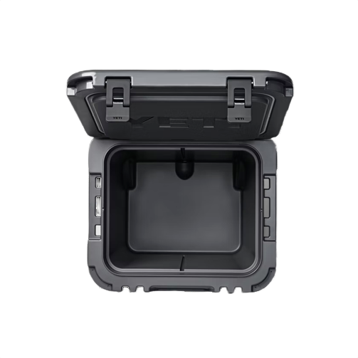 Open gray hard cooler with sturdy latches and insulated interior for durable food storage and kitchen organization collections