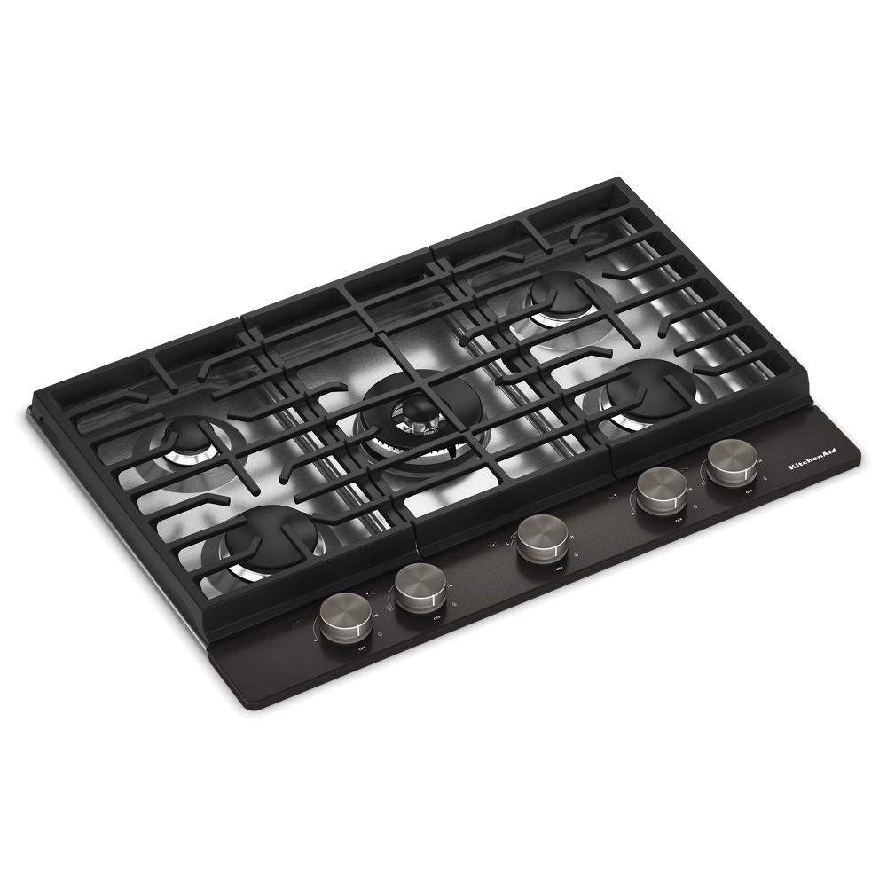 Sleek black 30-inch gas cooktop with five burners, integrated wok grate, and premium weighted control knobs, part of Cooktops, Gas Cooktops, Kitchen & Kitchenware, All Products, KitchenAid, Appliances, Ranges & Cooktops collections.