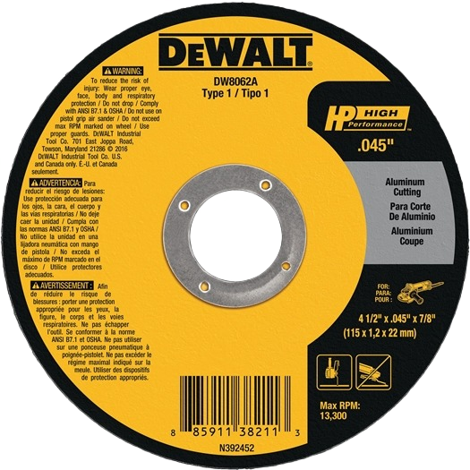 High performance DEWALT yellow aluminum cutting wheel with 4-1/2 inch diameter designed for home improvement tools