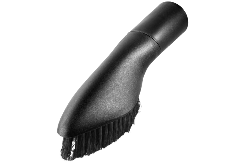 Black plastic universal brush nozzle with rotating hinge and bristle rim for dust management and woodworking tools accessories